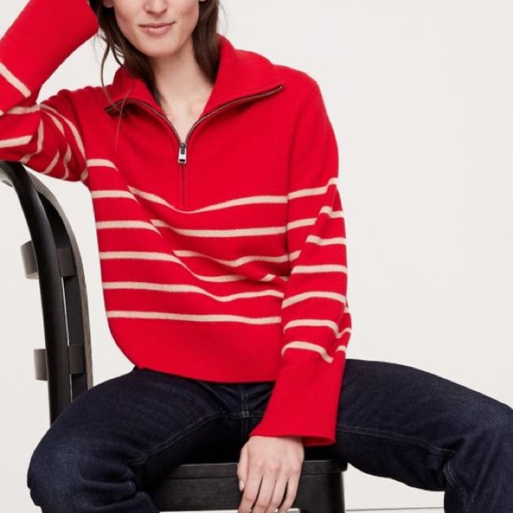 NWT Banana Republic Half-Zip Cashmere Sweater Women XXL Red White Striped 711737